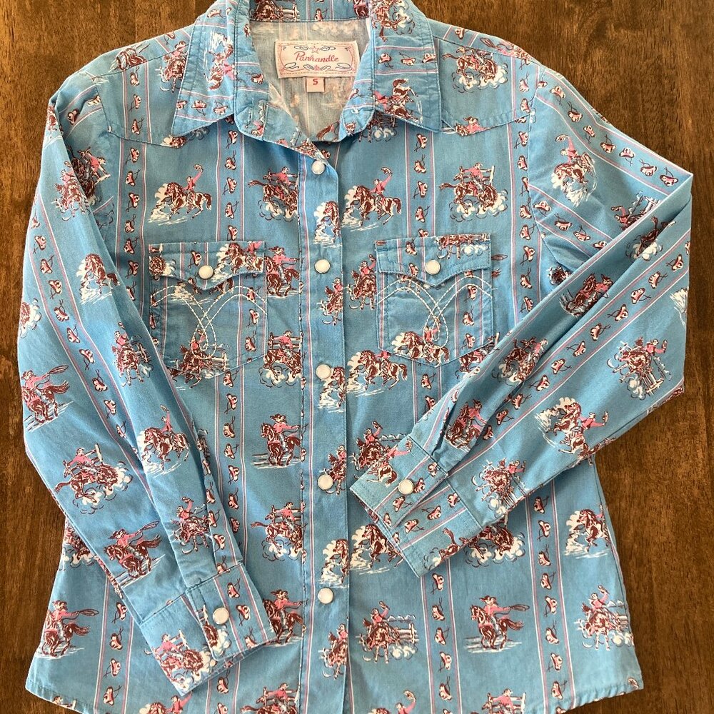 Girls Panhandle Retro Print Blue Western Shirt Snap Size Small Like New!
